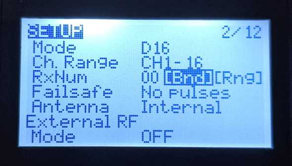 Taranis X-Lite setup screen