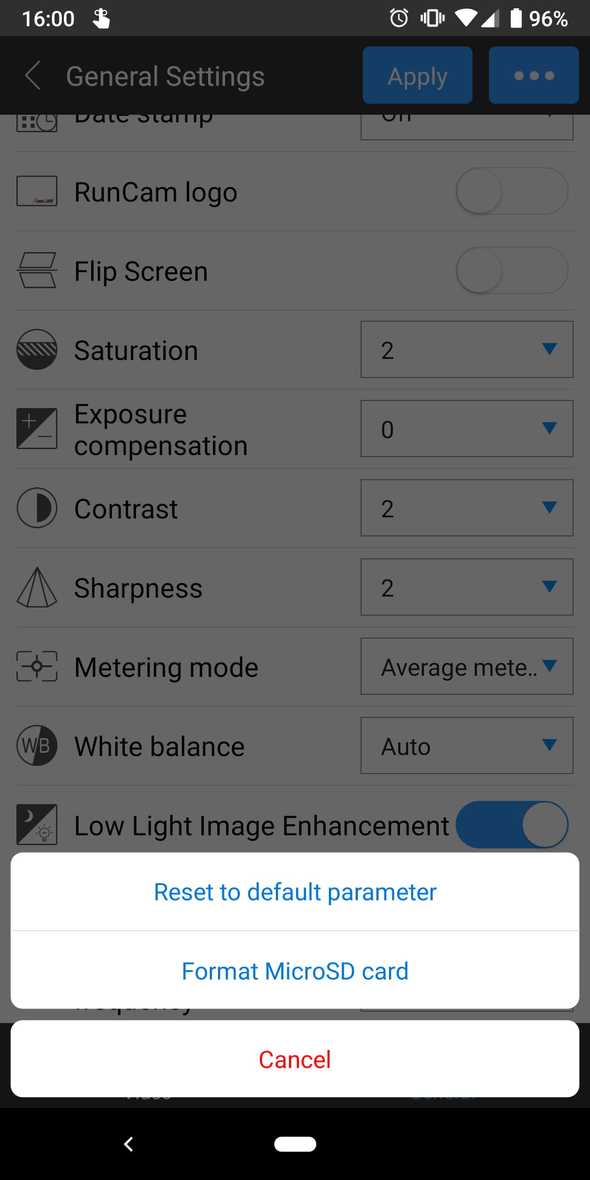 RunCam App three-dot menu