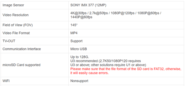 RunCam 5 video specs