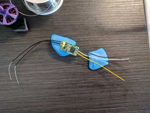 Wires soldered on the Frsky XM+ receiver