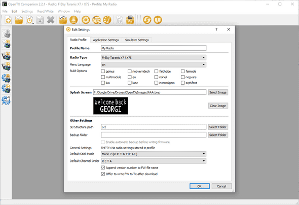 OpenTX settings dialog