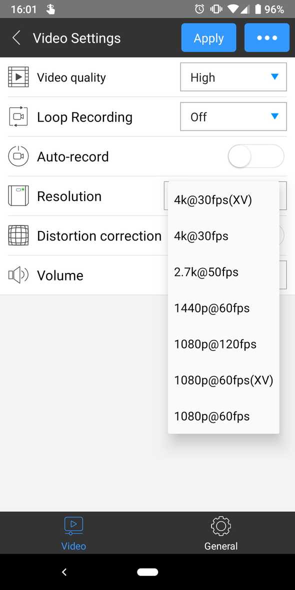 Resolution drop-down menu in RunCam App