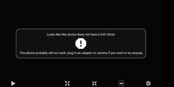 Go FPV start screen with a message about a missing UVC driver