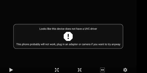 Go FPV start screen with a message about a missing UVC driver