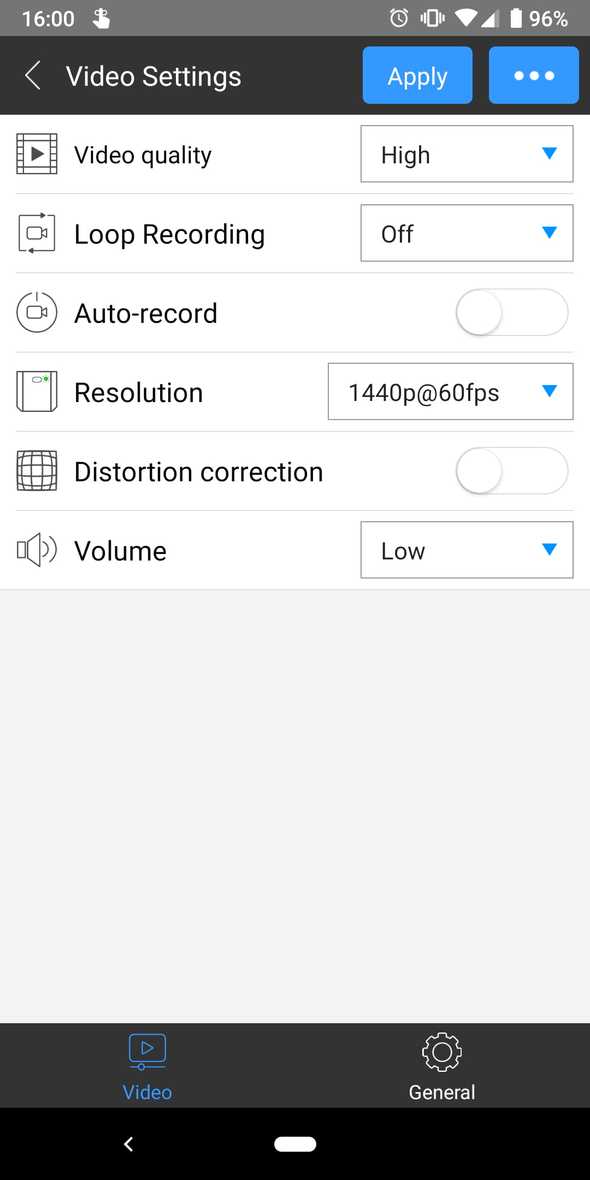 The first screen of video settings